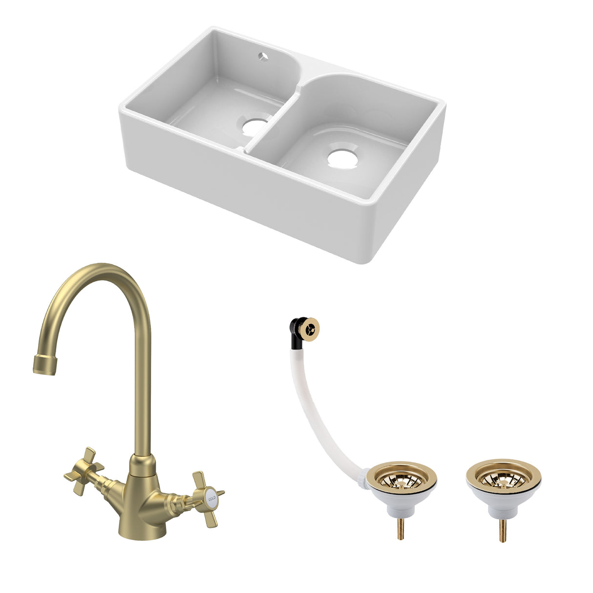 Fireclay Kitchen Bundle - Double Bowl Stepped Weir Butler Sink, Wastes & Crosshead Tap, 795mm - Brushed Brass