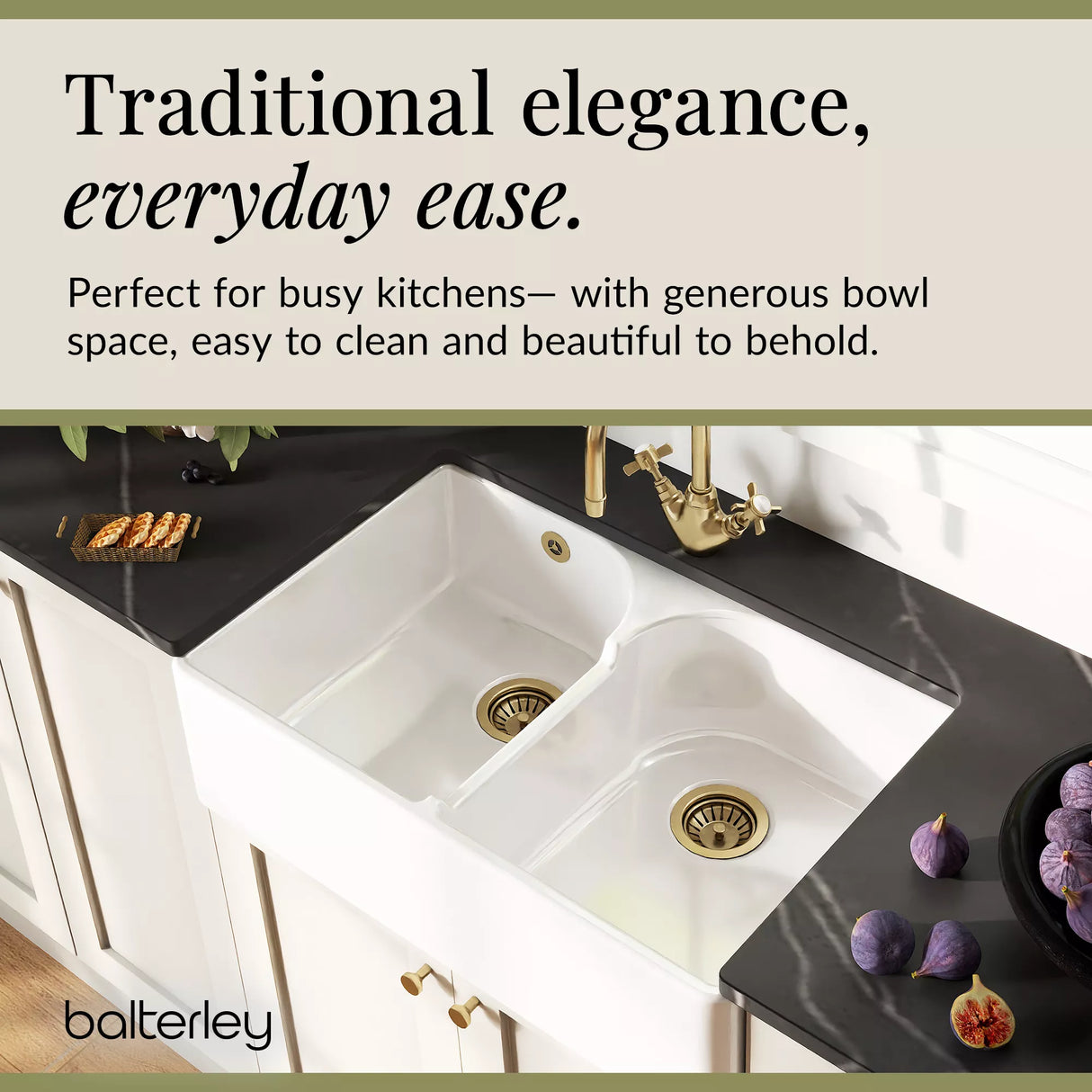 Fireclay Kitchen Bundle - Double Bowl Stepped Weir Butler Sink, Wastes & Crosshead Tap, 795mm - Brushed Brass