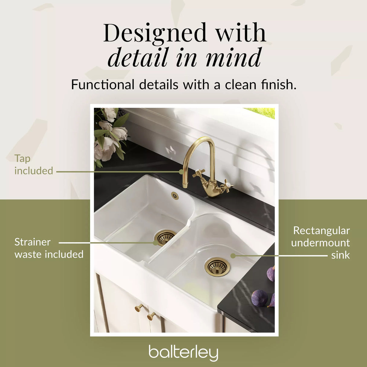 Fireclay Kitchen Bundle - Double Bowl Stepped Weir Butler Sink, Wastes & Crosshead Tap, 795mm - Brushed Brass