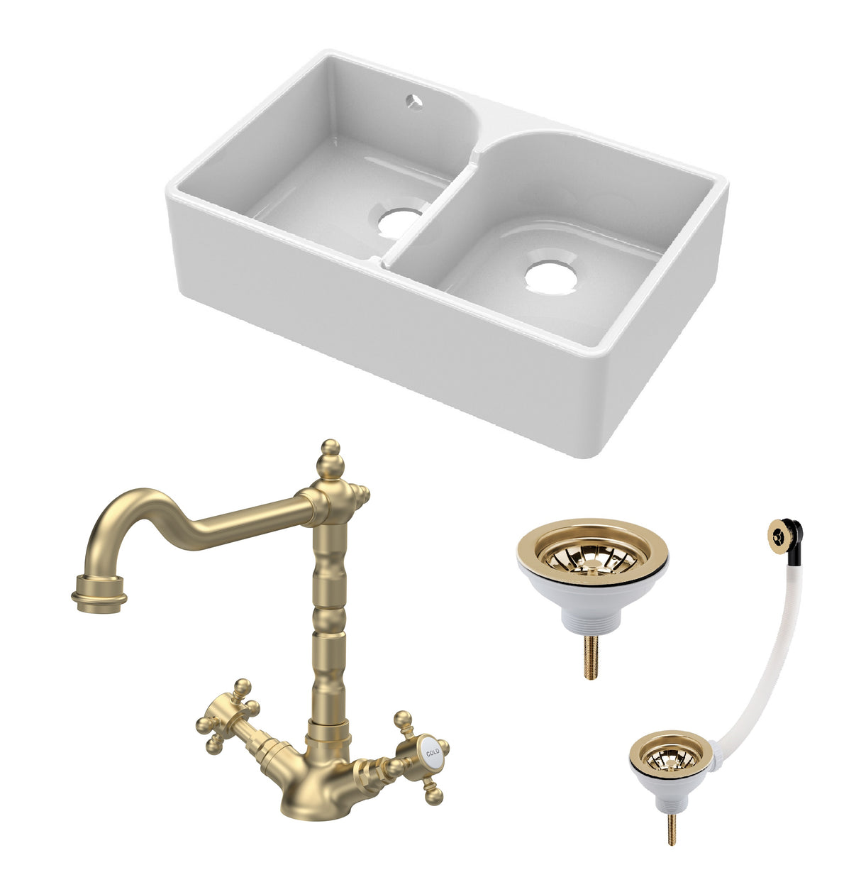 Fireclay Kitchen Bundle - Double Bowl Stepped Weir Butler Sink, Wastes & French Tap, 795mm - Brushed Brass