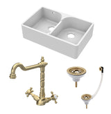 Fireclay Kitchen Bundle - Double Bowl Stepped Weir Butler Sink, Wastes & French Tap, 795mm - Brushed Brass