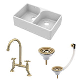 Fireclay Kitchen Bundle - Double Bowl Stepped Weir Butler Sink, Wastes & Crosshead Tap, 795mm - Brushed Brass