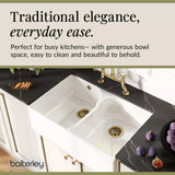 Fireclay Kitchen Bundle - Double Bowl Stepped Weir Butler Sink, Wastes & Crosshead Tap, 795mm - Brushed Brass