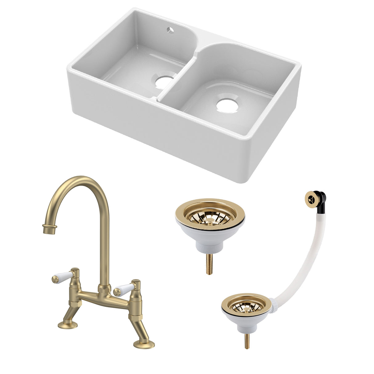 Fireclay Kitchen Bundle - Double Bowl Stepped Weir Butler Sink, Wastes & Bridge Lever Tap, 795mm - Brushed Brass