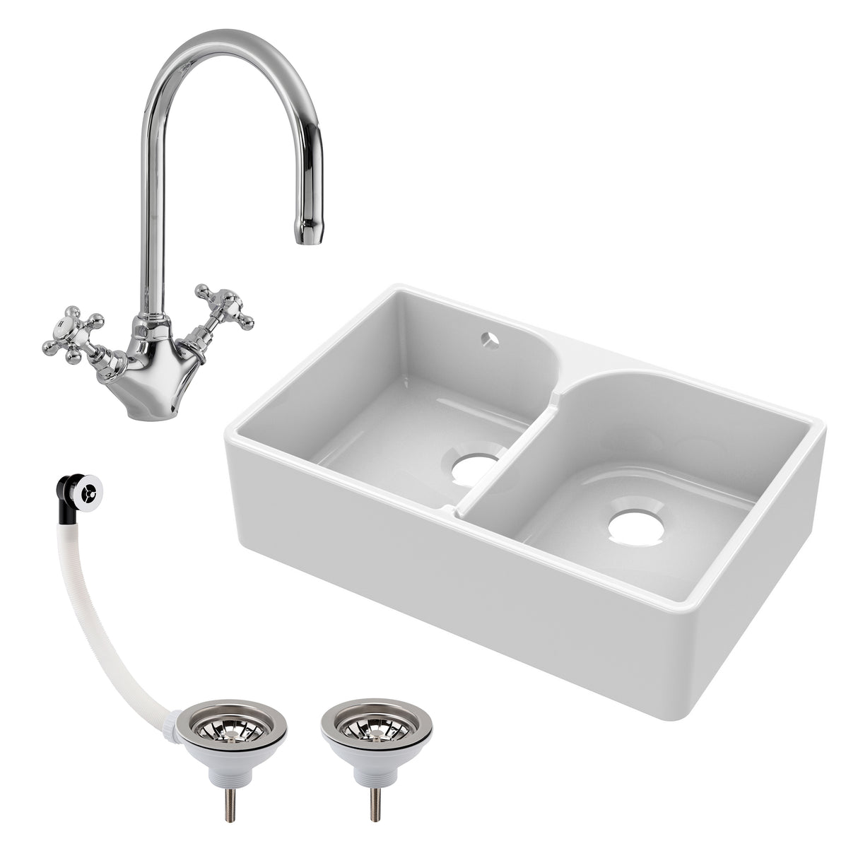 Double Bowl Fireclay Ceramic Butler Kitchen Sink Bundle with Stepped Weir, Mixer Tap & Wastes