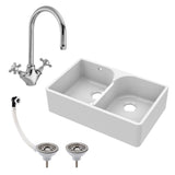 Double Bowl Fireclay Ceramic Butler Kitchen Sink Bundle with Stepped Weir, Mixer Tap & Wastes