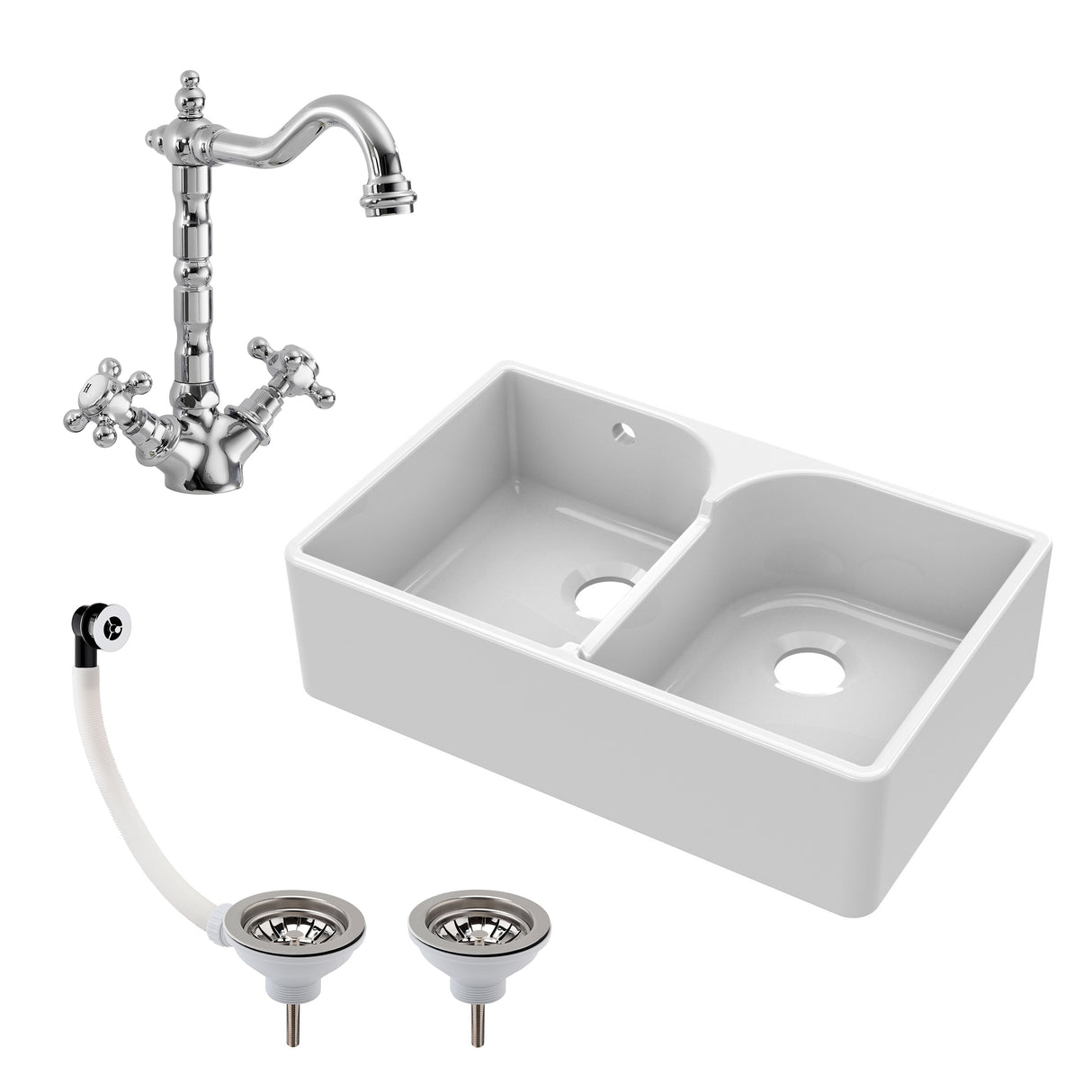 Double Bowl Fireclay Ceramic Butler Kitchen Sink Bundle with Stepped Weir, Classic Tap & Wastes