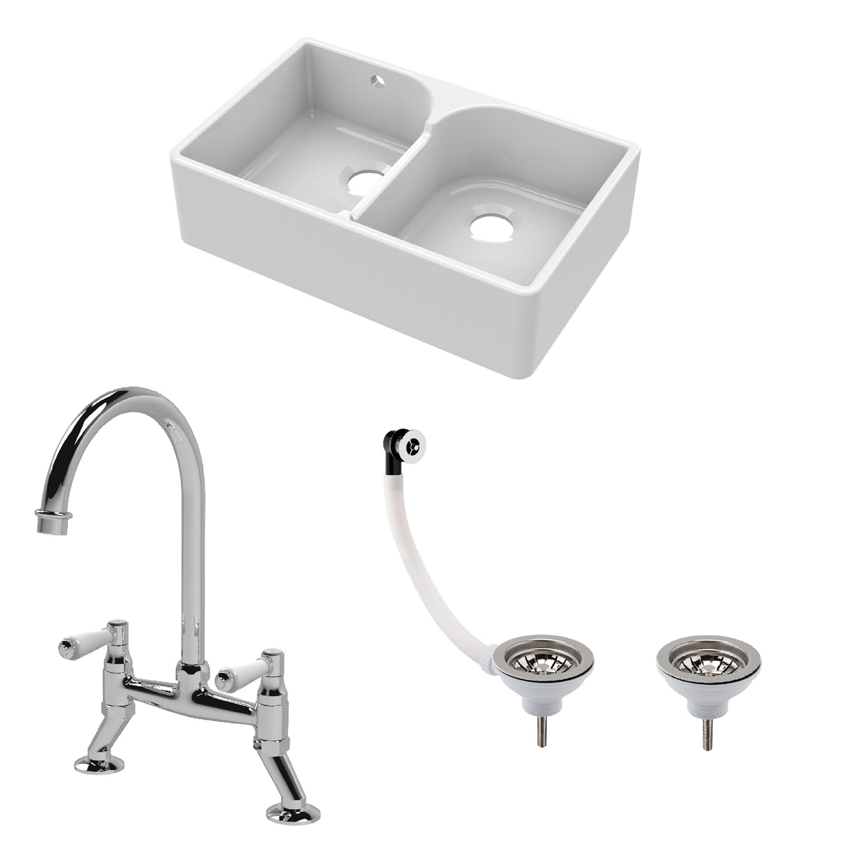 Fireclay Kitchen Bundle - Double Bowl Stepped Weir Butler Sink, Compatible Wastes & Bridge Lever Tap, 795mm - Chrome