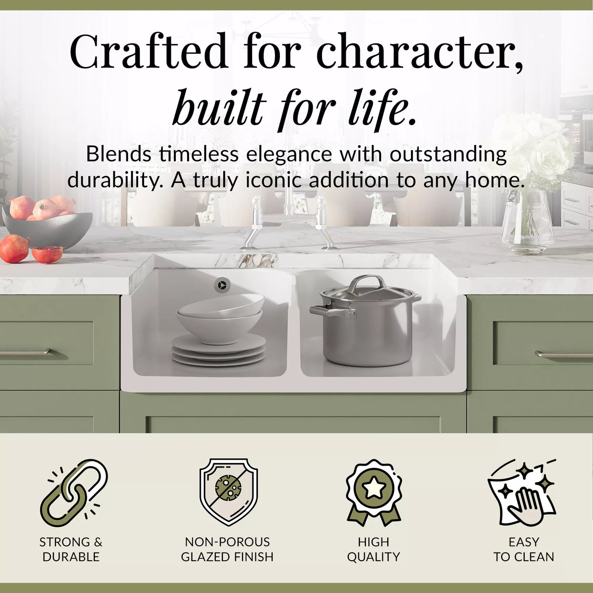 Fireclay Kitchen Bundle - Double Bowl Stepped Weir Butler Sink, Compatible Wastes & Bridge Lever Tap, 795mm - Chrome