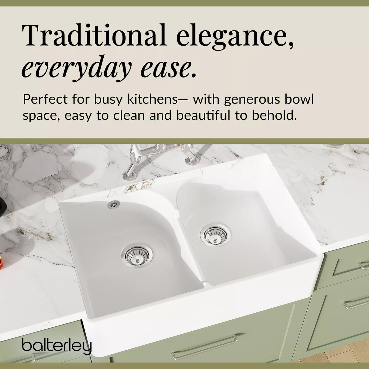 Fireclay Kitchen Bundle - Double Bowl Stepped Weir Butler Sink, Compatible Wastes & Bridge Lever Tap, 795mm - Chrome