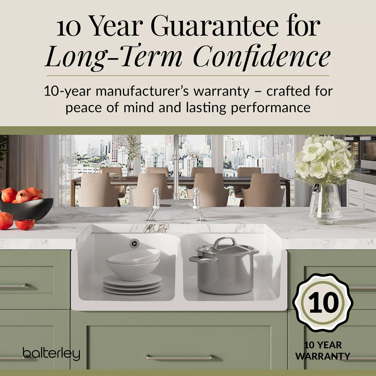 Fireclay Kitchen Bundle - Double Bowl Stepped Weir Butler Sink, Compatible Wastes & Bridge Lever Tap, 795mm - Chrome