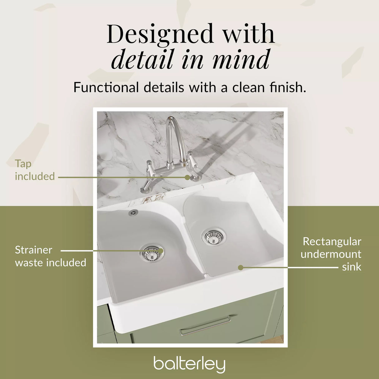 Fireclay Kitchen Bundle - Double Bowl Stepped Weir Butler Sink, Compatible Wastes & Bridge Lever Tap, 795mm - Chrome