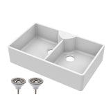 Double Bowl Fireclay Ceramic Butler Kitchen Sink with Stepped Weir, Tap Ledge & Wastes