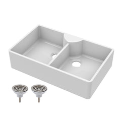 Traditional Double Bowl Fireclay Ceramic Butler Kitchen Sink with Stepped Weir & Tap Ledge and Chrome Basket Strainer Wastes - 895mm