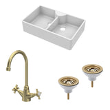 Fireclay Kitchen Bundle - Double Bowl Butler Sink, 2 x Wastes & Mono Crosshead Tap, 895mm - Brushed Brass