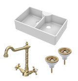 Fireclay Kitchen Bundle - Double Bowl Butler Sink, 2 x Wastes & French Classic Tap, 895mm - Brushed Brass