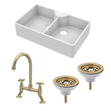 Fireclay Kitchen Bundle - Double Bowl Butler Sink, 2 x Wastes & Bridge Crosshead Tap, 895mm - Brushed Brass