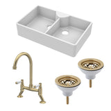 Fireclay Kitchen Bundle - Double Bowl Butler Sink, 2 x Wastes & Bridge Lever Tap, 895mm - Brushed Brass