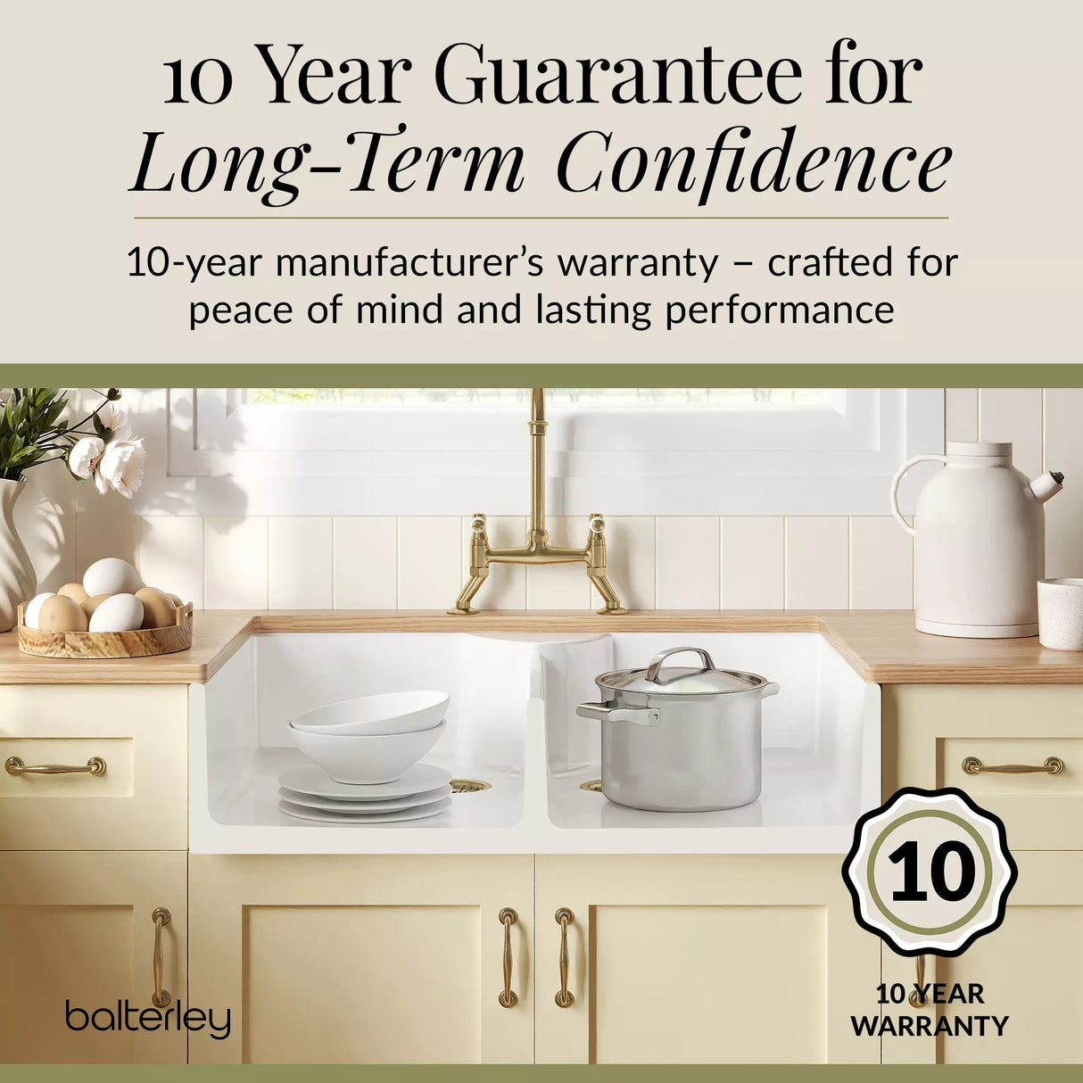 Fireclay Kitchen Bundle - Double Bowl Butler Sink, 2 x Wastes & Bridge Lever Tap, 895mm - Brushed Brass