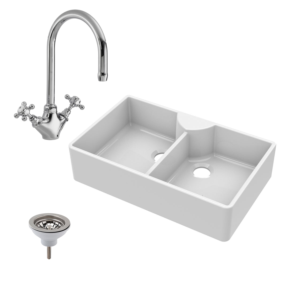 Double Bowl Fireclay Ceramic Butler Kitchen Sink Bundle with Stepped Weir, Mixer Tap & Wastes