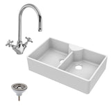 Double Bowl Fireclay Ceramic Butler Kitchen Sink Bundle with Stepped Weir, Mixer Tap & Wastes