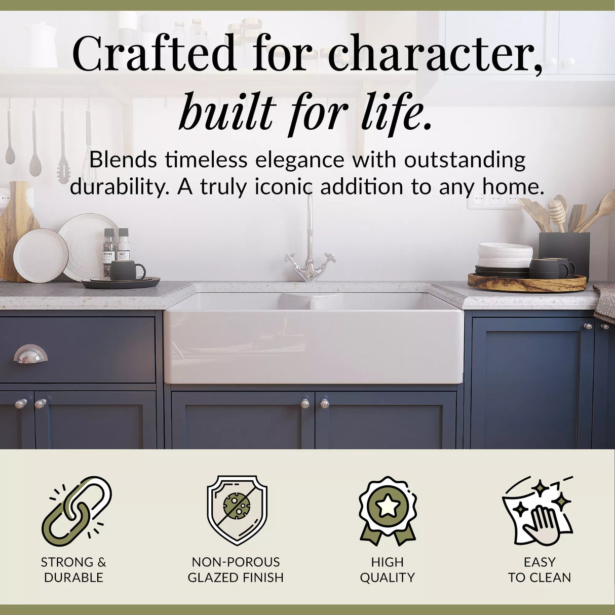 Double Bowl Fireclay Ceramic Butler Kitchen Sink Bundle with Stepped Weir, Mixer Tap & Wastes