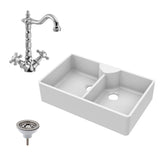 Double Bowl Fireclay Ceramic Butler Kitchen Sink Bundle with Stepped Weir, Classic Tap & Wastes