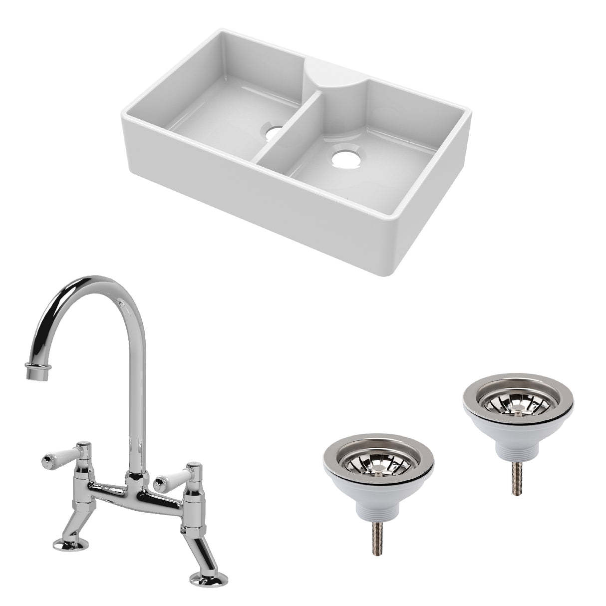 Fireclay Kitchen Bundle - Double Bowl Butler Sink, 2 x Wastes & Bridge Lever Tap, 895mm - Chrome