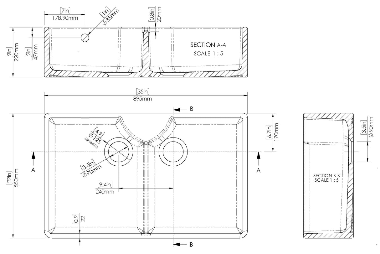 Double Bowl Fireclay Butler Kitchen Sink with Stepped Weir, Overflow, ledge & Wastes