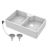 Double Bowl Fireclay Butler Kitchen Sink with Stepped Weir, Overflow, ledge & Wastes