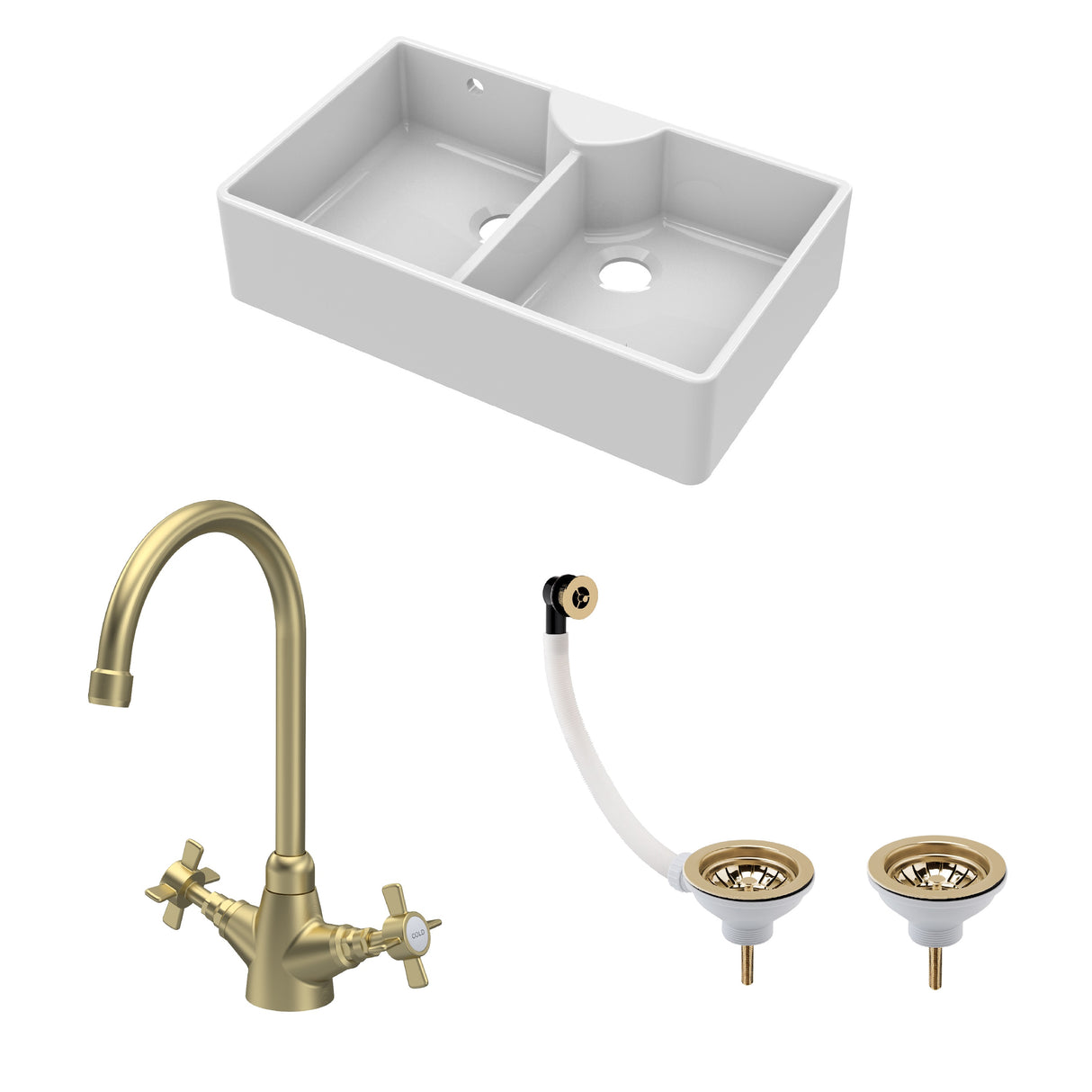 Fireclay Kitchen Bundle - Double Bowl Stepped Weir Butler Sink, Wastes & Mono Crosshead Tap, 895mm - Brushed Brass