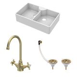 Fireclay Kitchen Bundle - Double Bowl Stepped Weir Butler Sink, Wastes & Mono Crosshead Tap, 895mm - Brushed Brass