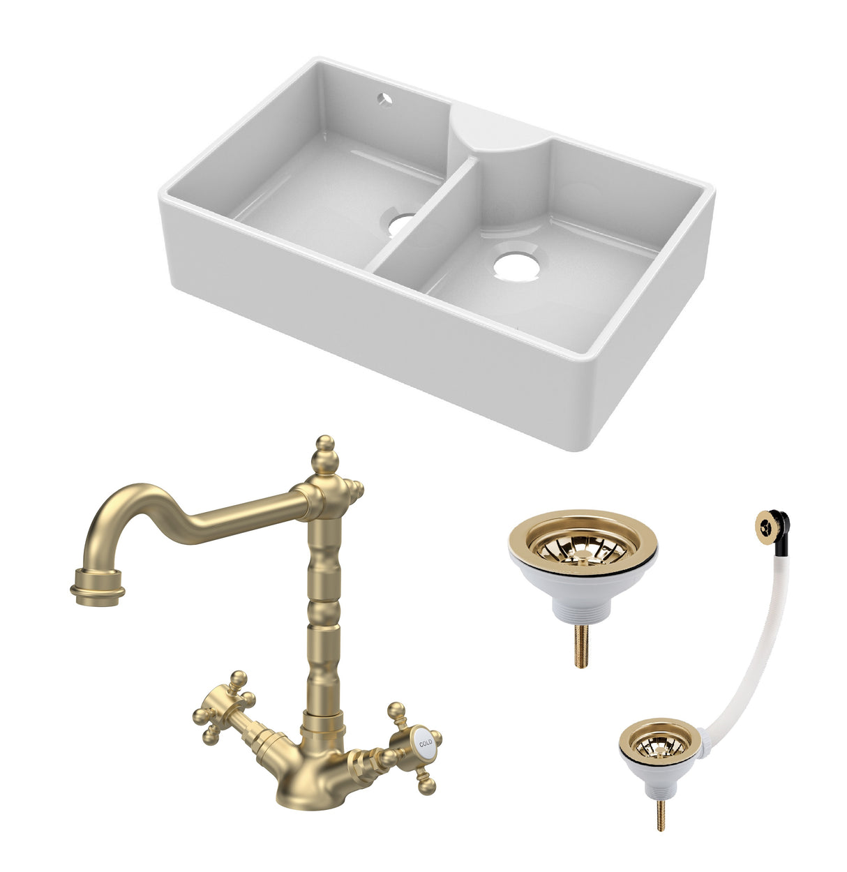 Fireclay Kitchen Bundle - Double Bowl Stepped Weir Butler Sink, Wastes & French Classic Tap, 895mm - Brushed Brass