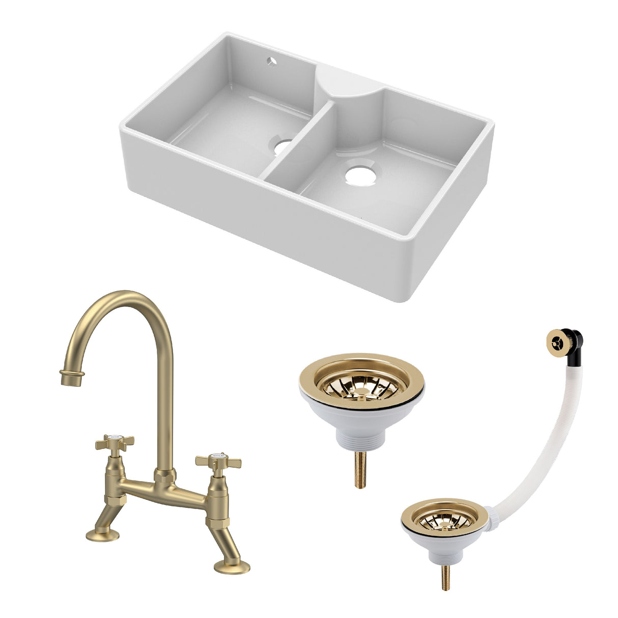 Fireclay Kitchen Bundle - Double Bowl Stepped Weir Butler Sink, Wastes & Bridge Crosshead Tap, 895mm - Brushed Brass