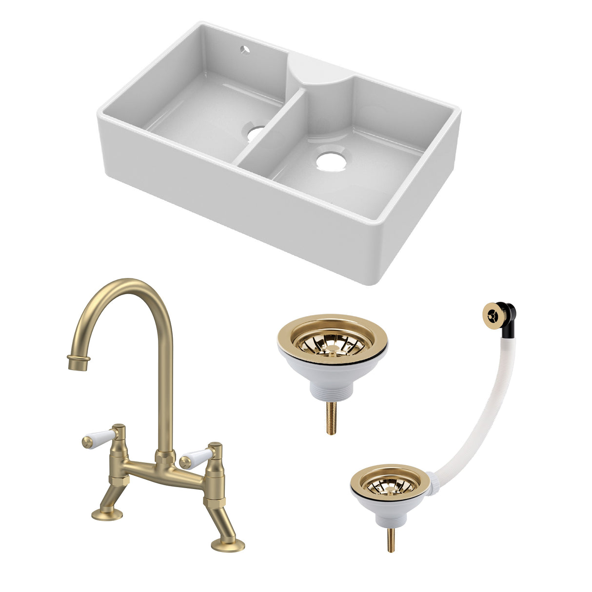 Fireclay Kitchen Bundle - Double Bowl Stepped Weir Butler Sink, Wastes & Bridge Lever Tap, 895mm, Brushed Brass