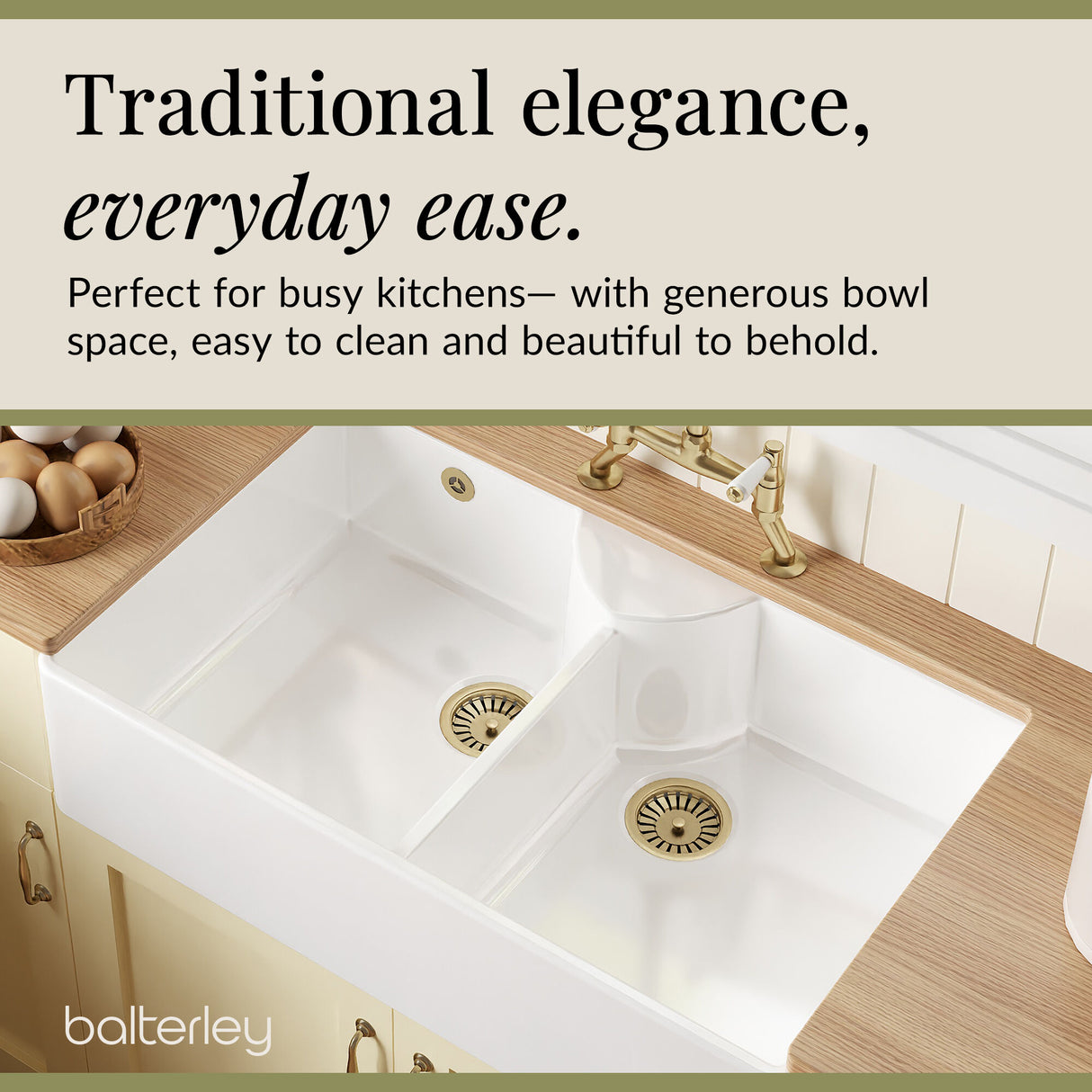 Fireclay Kitchen Bundle - Double Bowl Stepped Weir Butler Sink, Wastes & Bridge Lever Tap, 895mm, Brushed Brass