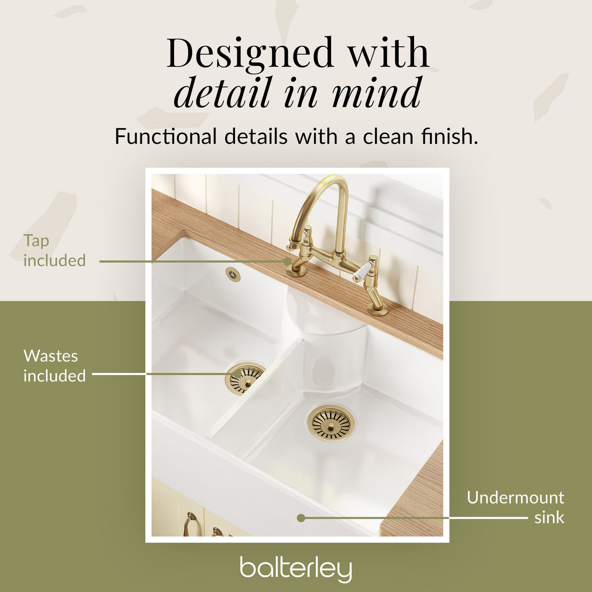 Fireclay Kitchen Bundle - Double Bowl Stepped Weir Butler Sink, Wastes & Bridge Lever Tap, 895mm, Brushed Brass