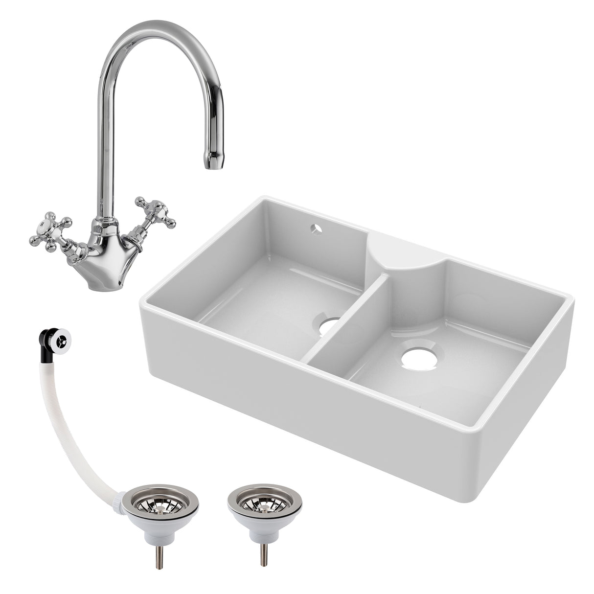 Double Bowl Fireclay Ceramic Butler Kitchen Sink Bundle with Stepped Weir, Mixer Tap & Wastes