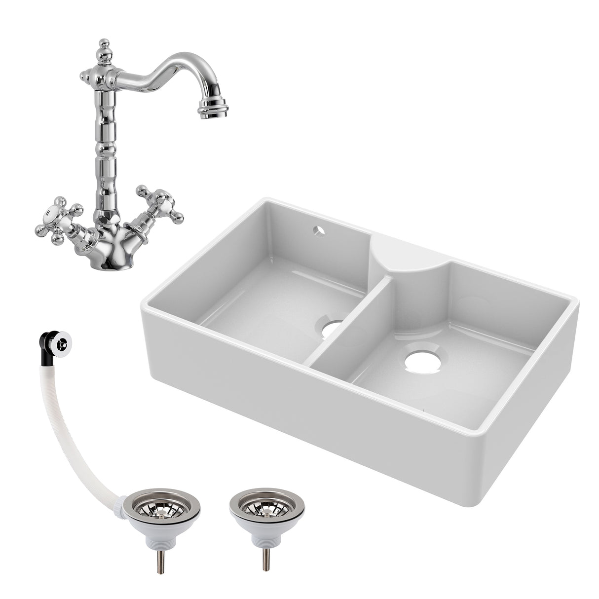 Double Bowl Fireclay Ceramic Butler Kitchen Sink Bundle with Stepped Weir, Classic Tap & Wastes