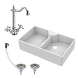 Double Bowl Fireclay Ceramic Butler Kitchen Sink Bundle with Stepped Weir, Classic Tap & Wastes