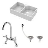 Fireclay Kitchen Bundle - Double Bowl Stepped Weir Butler Sink, Wastes & Bridge Lever Tap, 895mm - Chrome