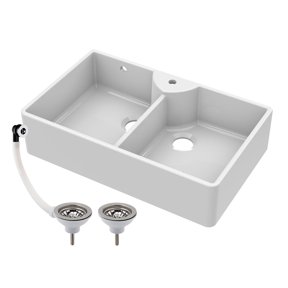 Double Bowl Fireclay Ceramic Butler Kitchen Sink with Stepped Weir, Tap Hole & Waste