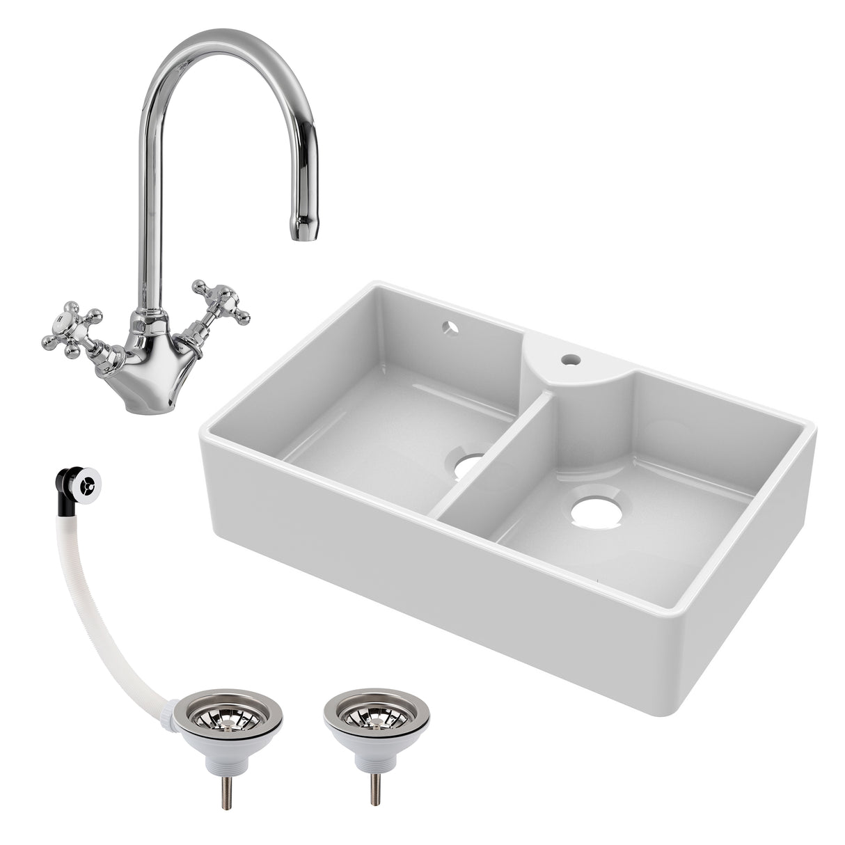 Double Bowl Fireclay Ceramic Butler Kitchen Sink Bundle with Overflow, Mixer Tap & Wastes