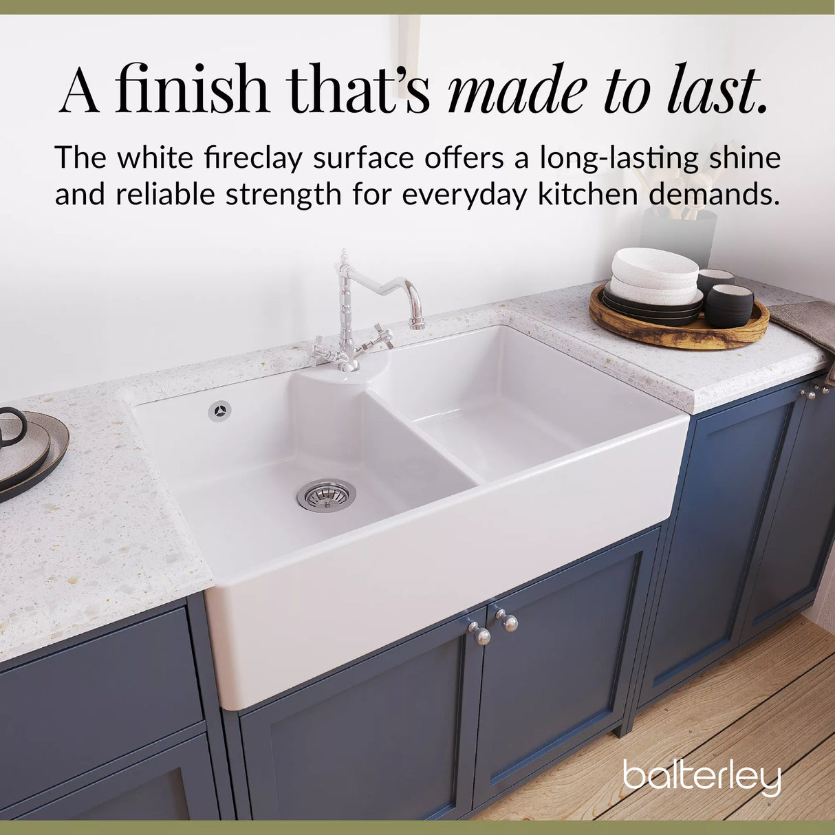 Double Bowl Fireclay Butler Kitchen Sink Bundle with Overflow, Classic Tap & Wastes