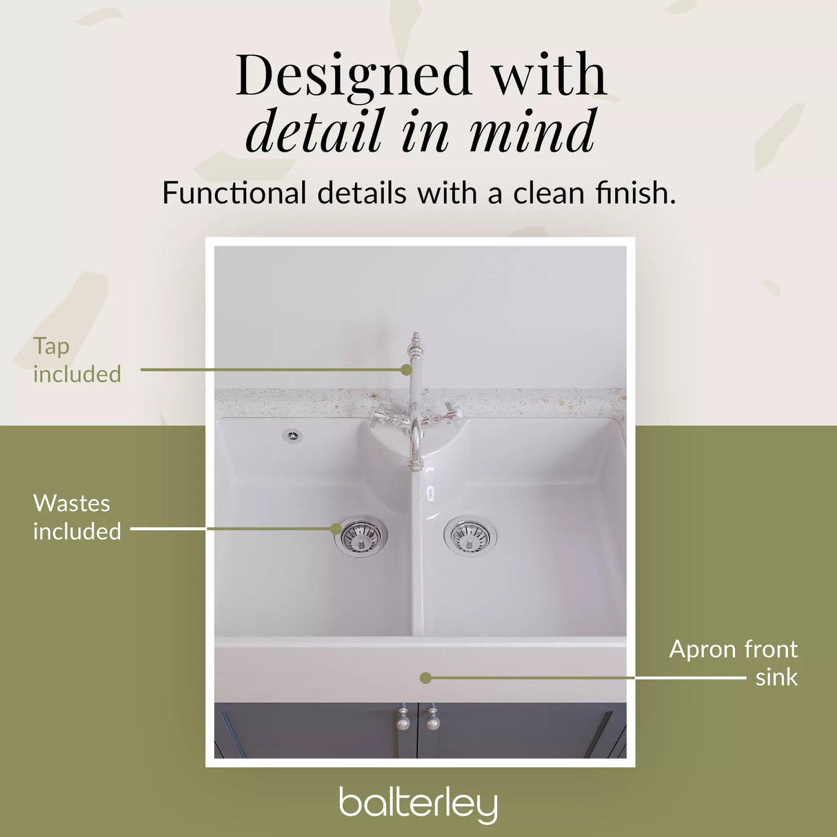 Double Bowl Fireclay Butler Kitchen Sink Bundle with Overflow, Classic Tap & Wastes