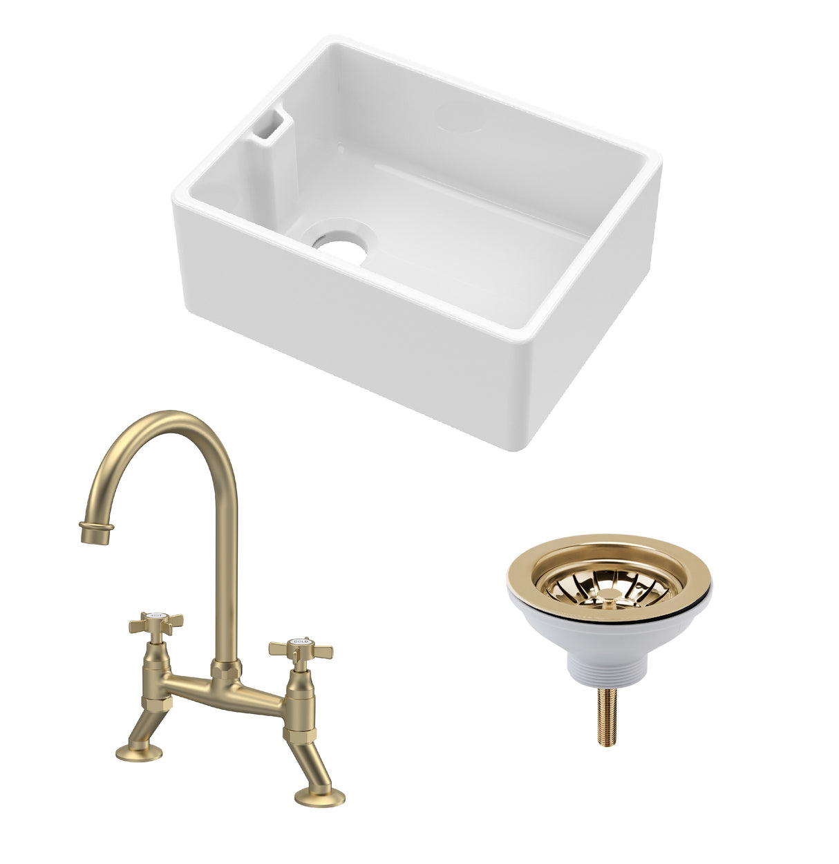 Fireclay Kitchen Bundle - Single Bowl Belfast Sink, Strainer Waste & Bridge Crosshead Tap, 595mm - Brushed Brass