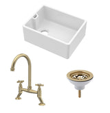 Fireclay Kitchen Bundle - Single Bowl Belfast Sink, Strainer Waste & Bridge Crosshead Tap, 595mm - Brushed Brass