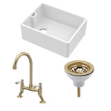 Fireclay Kitchen Bundle - Single Bowl Belfast Sink, Strainer Waste & Bridge Lever Tap, 595mm - Brushed Brass