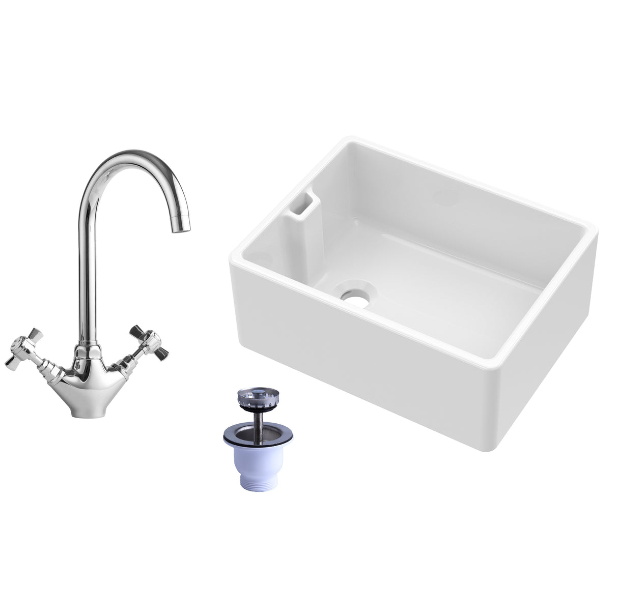 Single Bowl Fireclay Belfast Sink Bundle with Basket Strainer Waste & Mono Kitchen Sink Mixer Tap - 595mm