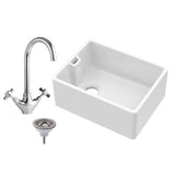 Single Bowl Fireclay Belfast Sink Bundle with Basket Strainer Waste & Mono Kitchen Sink Mixer Tap - 595mm